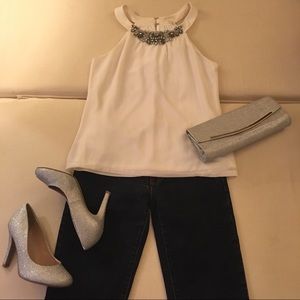 EUC ModCloth Soiéblu beaded ivory chiffon top XS